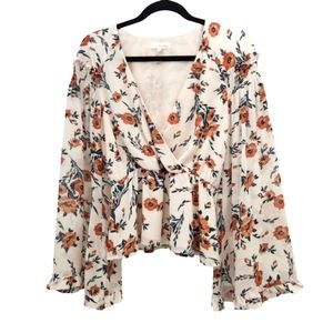 Cream Floral Print Bell Sleeve Top (S) June & Hudson